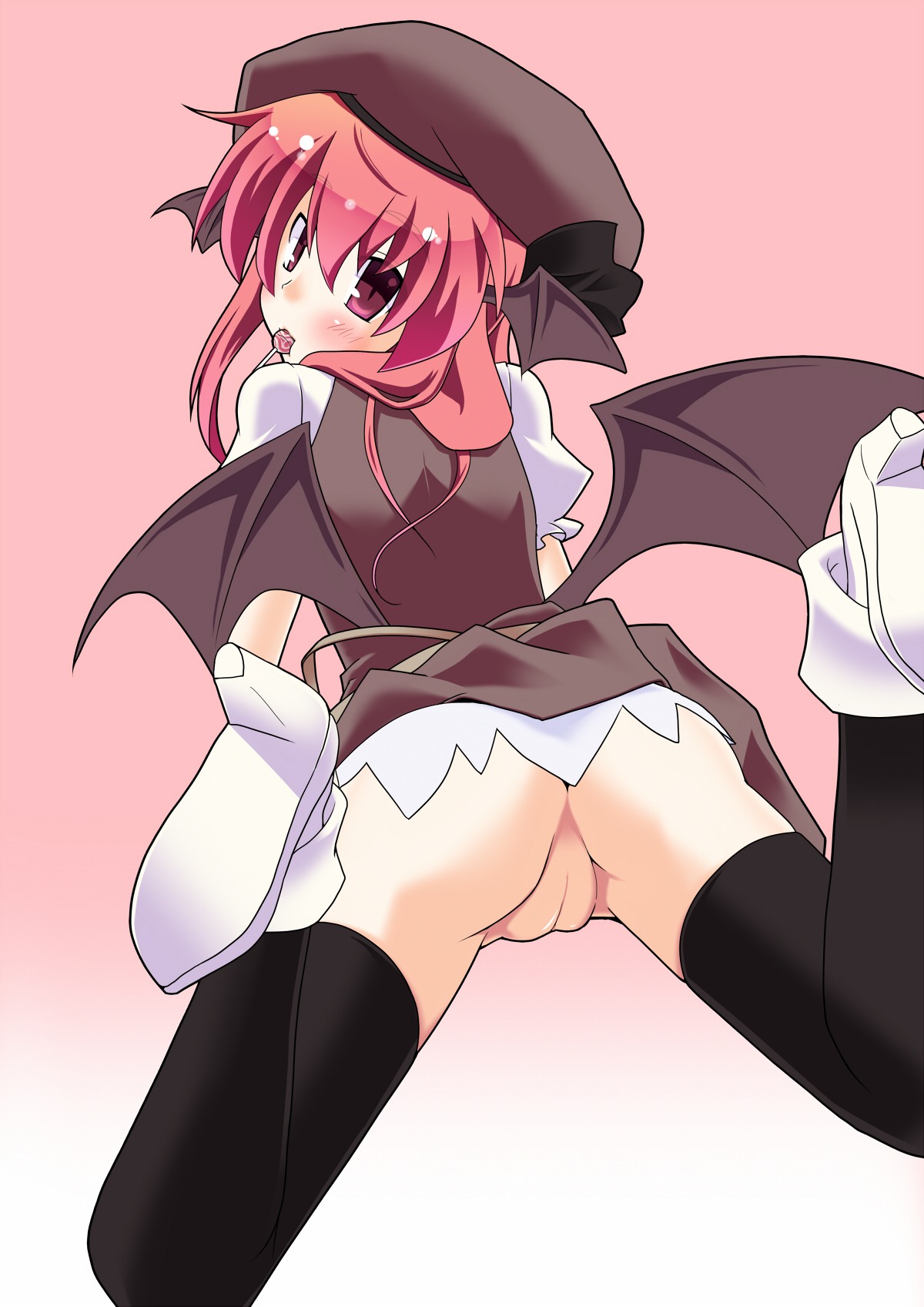 animal_ears ass bat_wings black_legwear black_thighhighs blush brown_dress candy demon dress female from_behind hat head_wings high_heels highres hujikok koakuma lollipop looking_back mouth_hold no_panties pussy red_eyes red_hair rule34 shoes solo spread_legs succubus the_embodiment_of_scarlet_devil thighhighs touhou turning uncensored upskirt wings