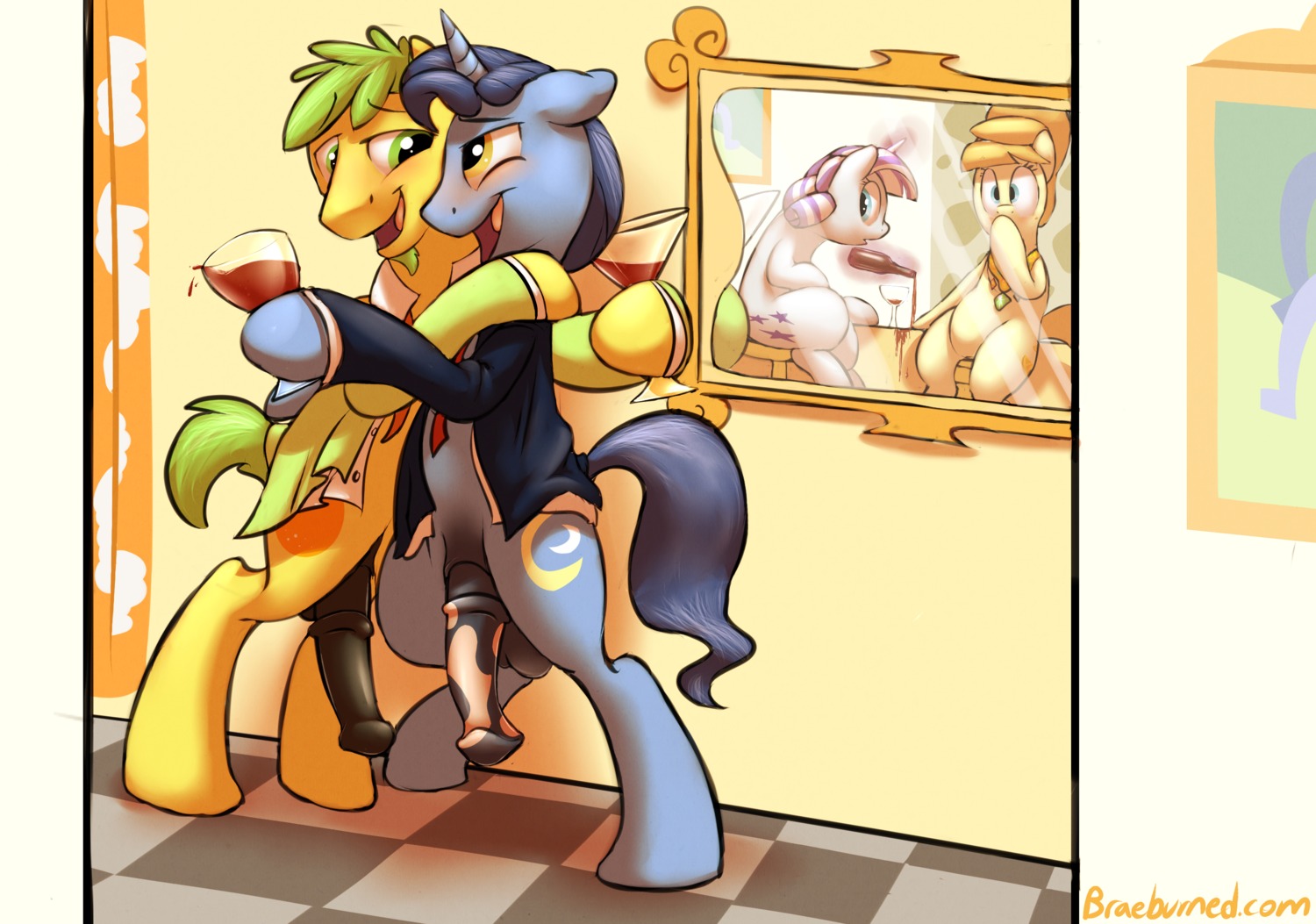 alcohol anthro aunt_orange_(mlp) beverage blush bottomless braeburned clothed clothing cutie_mark digital_media_(artwork) drunk e621 earth_pony equid equine erection female food friendship_is_magic genitals group hasbro hi_res horn horse male male/male mammal my_little_pony mythological_creature mythological_equine mythology night_light_(mlp) nude open_clothing open_shirt open_topwear penis pony semi-anthro shaded shirt substance_intoxication tail topwear twilight_velvet_(mlp) uncle_orange_(mlp) unicorn wine