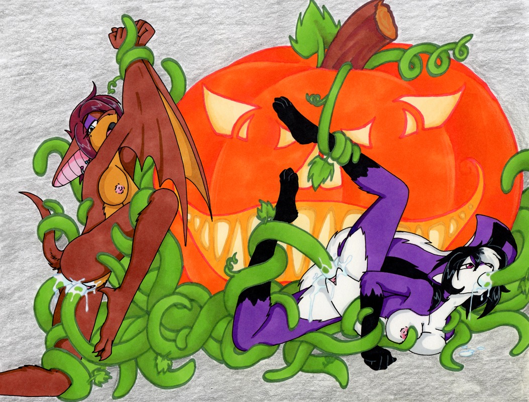 2012 anal anal_penetration anthro bat big_tail black_hair bodily_fluids bound breasts brown_body brown_fur clitoris cum cum_in_ass cum_in_vagina cum_inside double_penetration e621 eyeshadow female fluffy fluffy_tail food fruit fur genital_fluids genitals group hair halloween holidays jack-o'-lantern makeup mammal membrane_(anatomy) membranous_wings mephitid nipples nude penetration pink_eyes plant plant_sex plant_tentacles pumpkin purple_body purple_fur restrained restrained_by_tentacles skunk tail tentacle_in_vagina tentacle_penetration tentacles tierafoxglove vaginal vaginal_penetration vines vulva wings