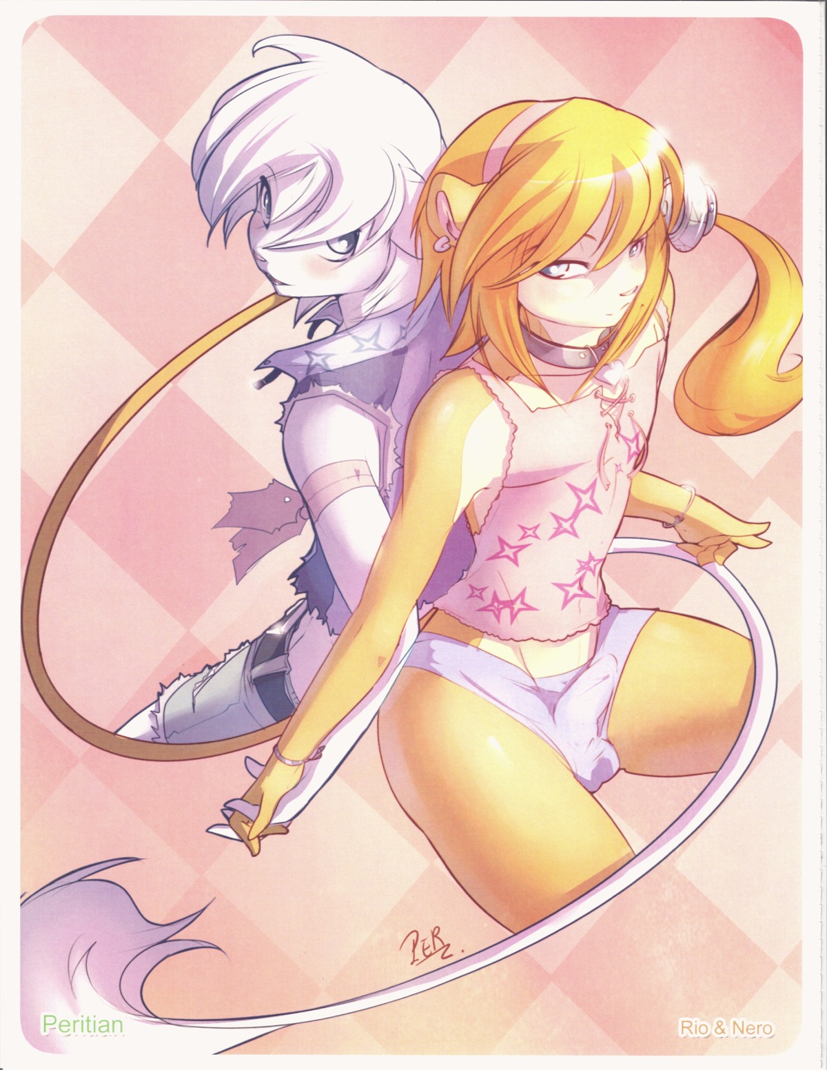 absurd_res accessory anthro belt blush bracelet brown_body brown_fur bulge clothed clothing crossdressing detailed_bulge duo e621 ear_piercing felid femboy fur genital_outline grey_eyes hair hand_holding headband hi_res jewelry lion long_tail looking_at_viewer male mammal nero_(miu) orange_hair pantherine panties pattern_background penis_outline peritian piercing rio_(miu) shirt simple_background star tail topwear underwear white_body white_fur white_hair