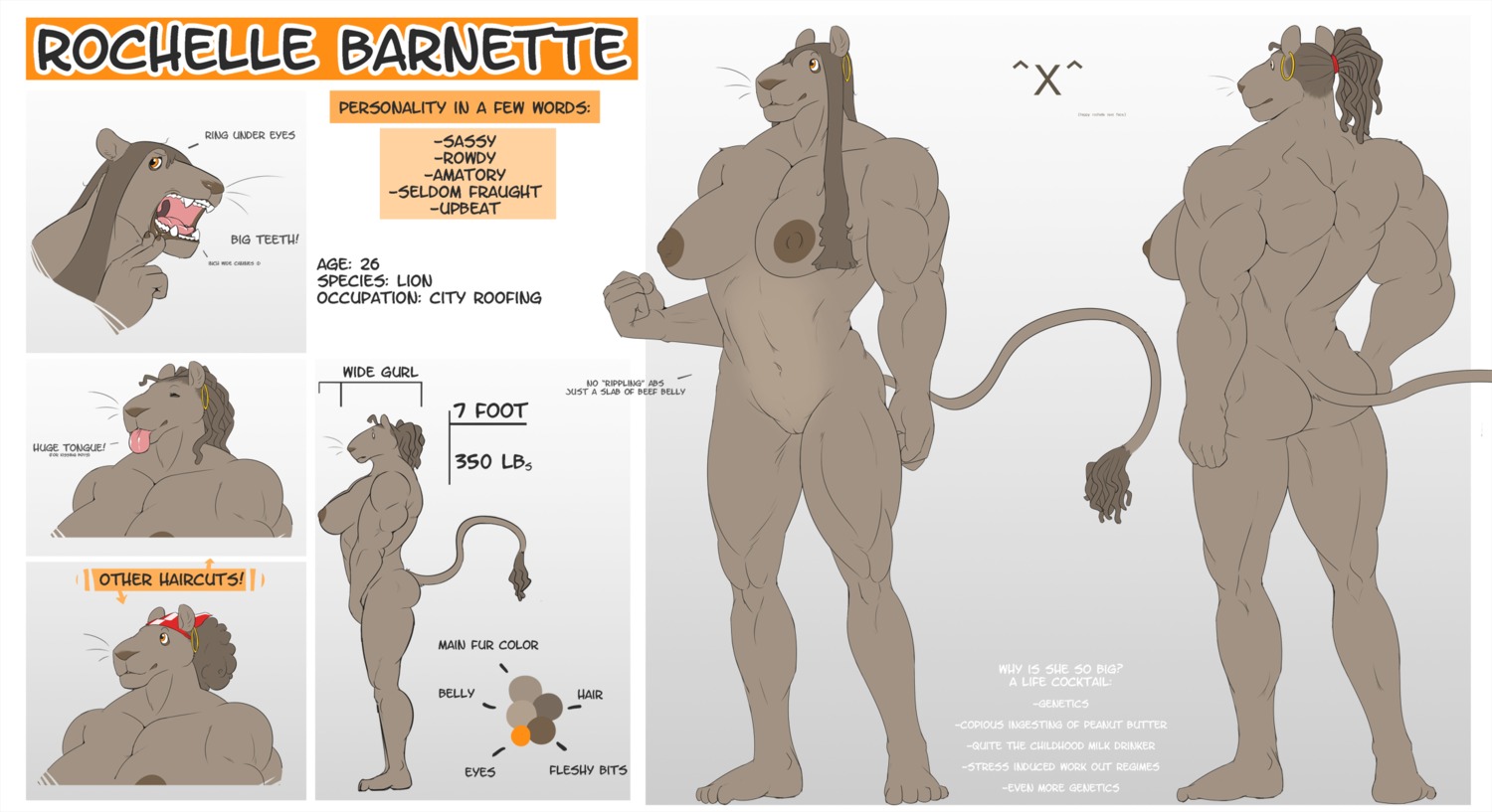 ^_^ ^x^ abs anthro arms_by_side bent_arm biceps breasts butt clothing e621 emoticon english_text extended_arm eyes_closed fangs felid female genitals hi_res kerchief lion mammal model_sheet muscular muscular_anthro muscular_female nude open_mouth pantherine pecs ritts rochelle_barnette smile solo standing straight_arm straight_legs tail teeth text thin_tail tongue tongue_out turnaround vulva