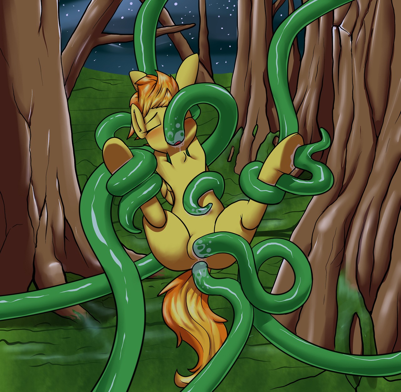 anal anal_penetration anus bodily_fluids deep_throat detailed_background double_penetration e621 equid equine feathered_wings feathers female feral forced forest friendship_is_magic genital_fluids genitals grispinne hair hasbro hi_res mammal multicolored_hair my_little_pony mythological_creature mythological_equine mythology night oral oral_penetration outside pegasus penetration plant restrained sex slime solo spitfire_(mlp) tentacle_in_mouth tentacle_penetration tentacle_sex tentacles tree triple_penetration two_tone_hair vaginal vaginal_fluids vaginal_penetration vulva wings wonderbolts_(mlp) yellow_body yellow_feathers