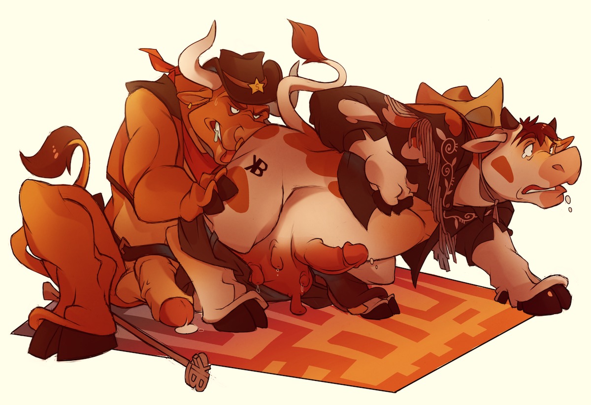 anthro balls bodily_fluids bovid bovine bovine_teats bovine_udders branding cattle duo e621 erection foreskin genital_fluids genitals hooves humanoid_genitalia humanoid_penis kuma male male/male male_penetrated male_penetrating male_penetrating_male mammal oral partially_retracted_foreskin penetration penis precum retracted_foreskin sex tail tail_tuft teats tongue transformation tuft udder_balls udders