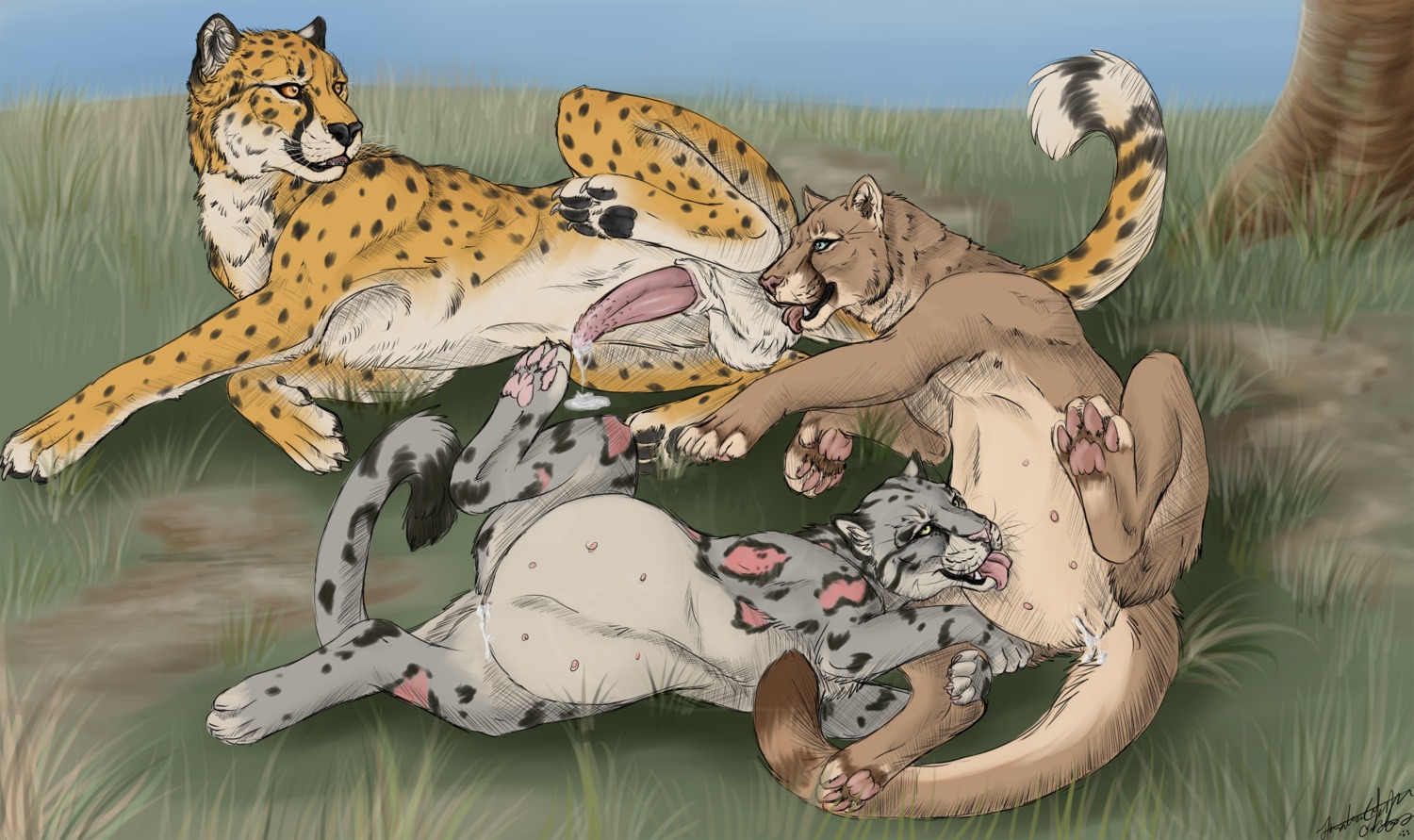 absurd_res anatomically_correct anatomically_correct_genitalia anatomically_correct_penis animal_genitalia animal_penis ball_lick balls belly belly_lick big_belly bloated bodily_fluids cheetah claws clouded_leopard cougar drooling e621 erection felid feline feline_genitalia feline_penis female feral feral_on_feral fur genitals group hi_res jasiri krimzen_redwing licking male male/female mammal nipples nude open_mouth oral pantherine penile_spines penis personal_grooming pregnant princess_tagalong saliva sex smile social_grooming spots spread_legs spreading teats thick_penis tongue tongue_out