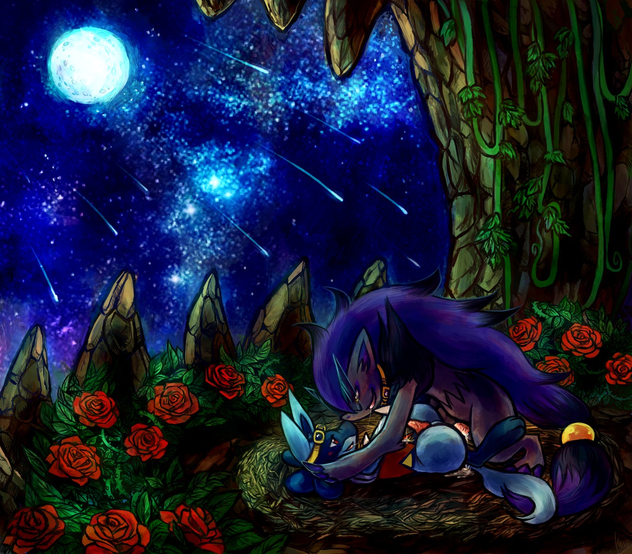 2012 after_kiss alternate_color anal anthro black_body black_fur blue_body blue_fur bodily_fluids canid canine cave collar cum dark_theme digital_media_(artwork) duo e621 erection eyewear flower fur generation_4_pokemon generation_5_pokemon genital_fluids genitals goggles green_eyes haychel jewelry kissing lucario male male/male male_penetrated male_penetrating male_penetrating_male mammal moon necklace nest night nintendo outside penetration penis plant pokemon pokemon_(species) pokemon_mystery_dungeon red_eyes romantic romantic_ambiance romantic_couple rose_(flower) sex sharpedo_bluff shiny_pokemon shooting_star sky spike_chunsoft star starry_sky tail vines yellow_body yellow_fur zoroark