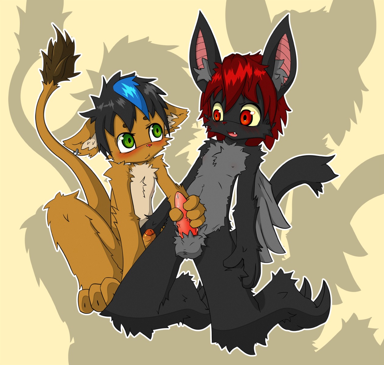 anthro balls bat black_body black_fur black_hair blush bodily_fluids brown_body brown_fur chest_tuft countershading domestic_cat duo e621 ear_piercing erection felid feline felis foreskin fur genital_fluids genitals green_eyes grey_body grey_fur hair handjob hi_res humanoid_genitalia humanoid_penis inner_ear_fluff kneeling male male/male mammal open_mouth orange_body orange_fur outline partially_retracted_foreskin penile penis piercing precum red_eyes red_hair sex simple_background sitting t9fox tail tail_tuft tan_body tan_fur tapering_penis tuft young young_anthro