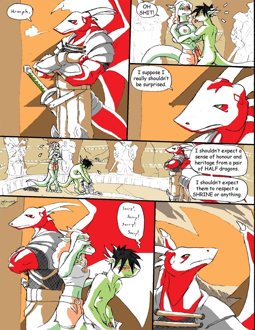 anthro armor balbaros_(reiger) blush breasts caught_in_the_act comic dialogue dragon dranz_(reiger) e621 english_text erection female genitals group horn lii_(reiger) male male/female melee_weapon membrane_(anatomy) membranous_wings mythological_creature mythological_scalie mythology nipples non-mammal_breasts non-mammal_nipples nude penis reiger scalie sculpture statue sword tail text walk-in weapon wings