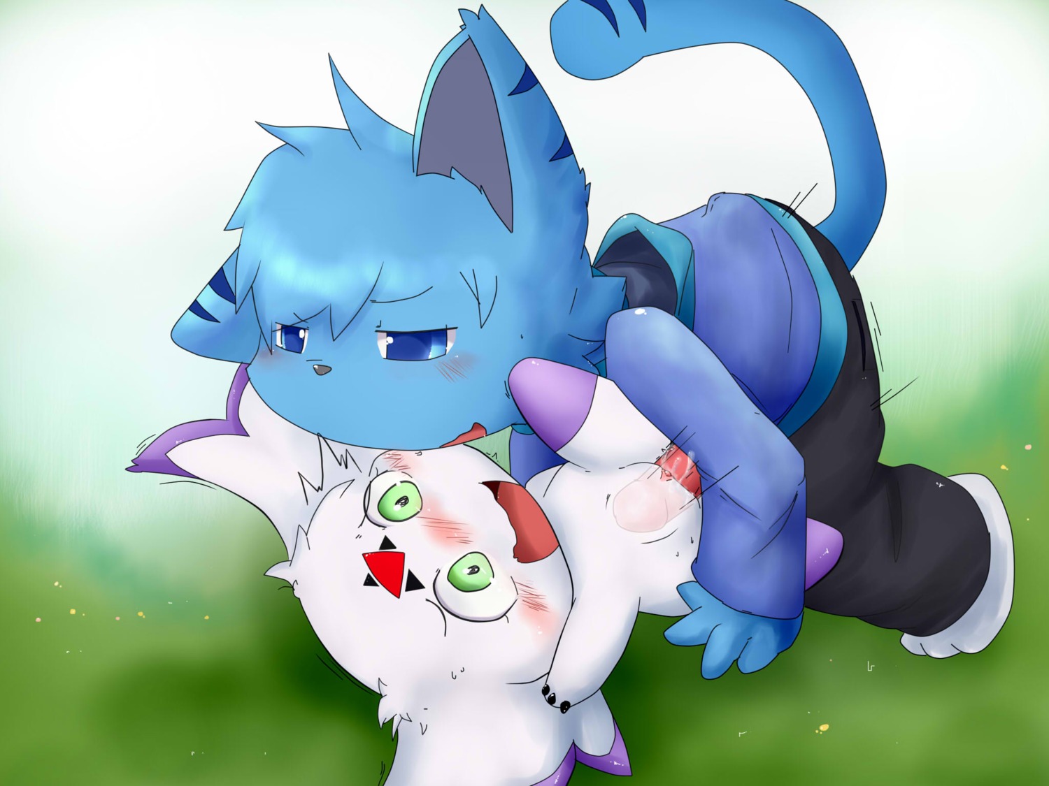 3_fingers 3_toes 4:3 4_fingers anthro ass_up bandai_namco barefoot black_body black_fur blue_body blue_eyes blue_fur blush bodily_fluids bottomwear calumon clothed clothing clyndemoon cum cum_in_vagina cum_inside cum_on_arm cum_on_penis digimon digimon_(species) domestic_cat dominant duo e621 erection feet felid feline felis female female_penetrated fingers forced fur genital_fluids genitals glistening green_eyes hi_res jacket japanese larger_dom larger_male lying male male/female male_penetrating male_penetrating_female mammal narrowed_eyes nude on_back open_mouth orgasm outside pants partially_clothed penetration penis purple_body purple_fur purple_nose purple_skin raised_arm raised_leg rape red_body red_fur red_skin sex shadow simple_background size_difference smaller_female smaller_penetrated squint symbol toes topwear vaginal vaginal_penetration vulva white_background white_body white_fur young zero_unit