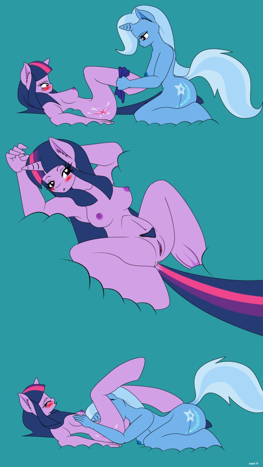 9:16 anthro anthrofied anus arms_above_head bent_over blue_body blue_clothing blue_coat blue_fur blue_nipples blue_topwear blush breasts clothing coat comic cunnilingus cutie_mark dekomaru duo e621 equid equine eyes_closed female female/female friendship_is_magic fur genitals hair hand_on_breast hasbro hi_res hooves horn kneeling legs_up looking_down lying lying_and_blow_position mammal moan multicolored_hair my_little_pony mythological_creature mythological_equine mythology navel nipples nude on_back open_mouth oral presenting presenting_vulva pubes purple_body purple_eyes purple_fur purple_hair purple_nipples raised_tail sex side_boob simple_background spread_legs spreading tail teal_background topwear trixie_(mlp) twilight_sparkle_(mlp) two_tone_hair undressing unicorn vaginal vulva