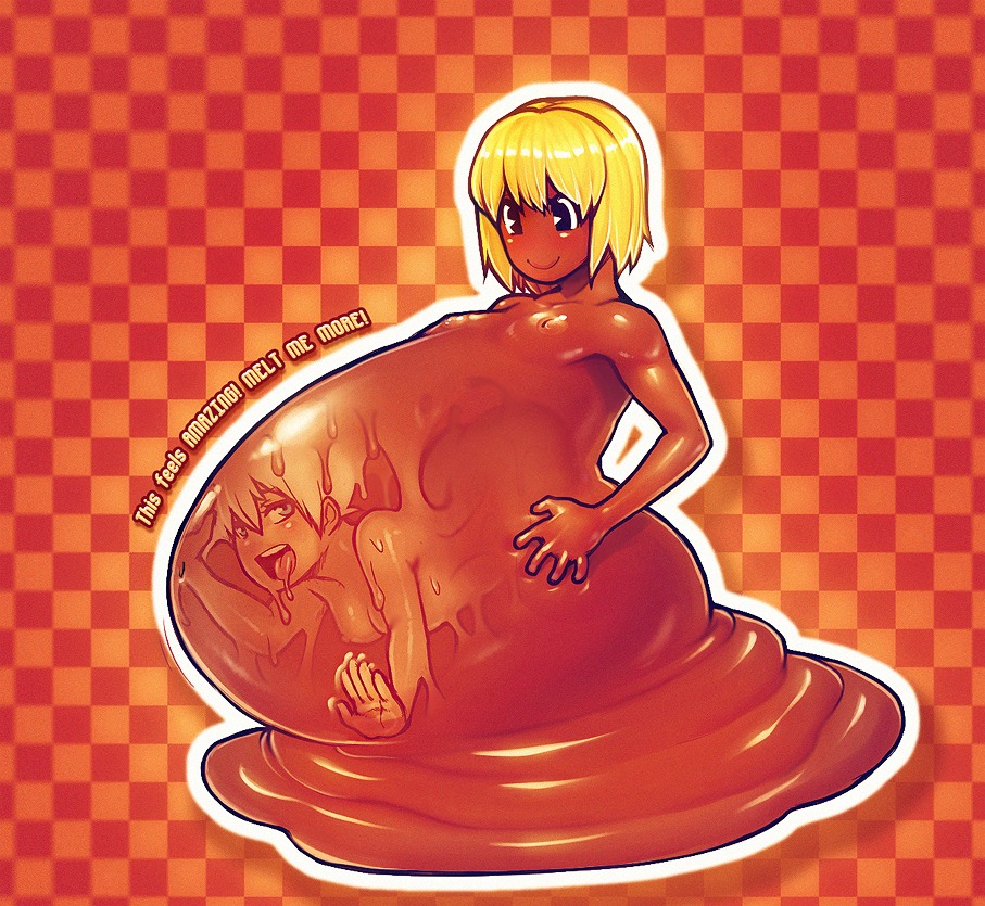 absorption_vore ami_dixie aniece belly big_belly big_eyes blonde_hair breasts checkered checkered_background digestion duo e621 english_text female female_prey forced goo_creature goo_humanoid goo_transformation hair happy huge_belly human humanoid hyper hyper_belly looking_pleasured mammal melting modeseven not_furry nude orange_theme outline pattern_background restricted_palette side_view simple_background slime text transformation translucent translucent_body vore