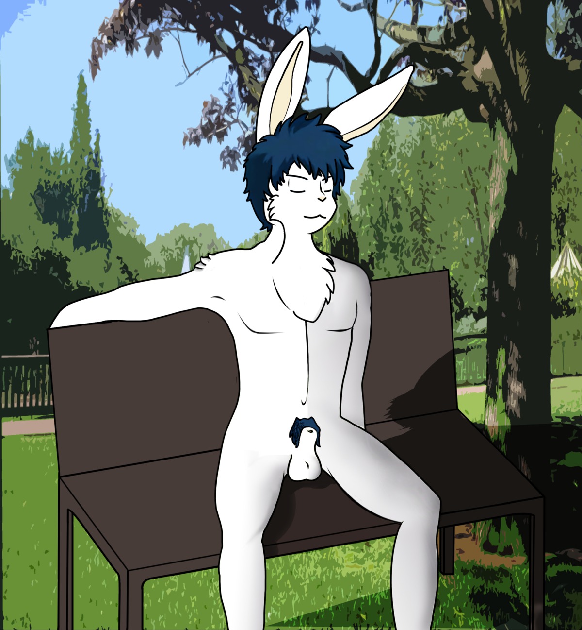 absurd_res animal_genitalia anthro balls bench cypher_rosca e621 exhibitionism fully_sheathed fur genitals grass hi_res lagomorph leporid magicbunbun male mammal nude on_bench outside park penis plant public rabbit sheath solo tree white_body white_fur