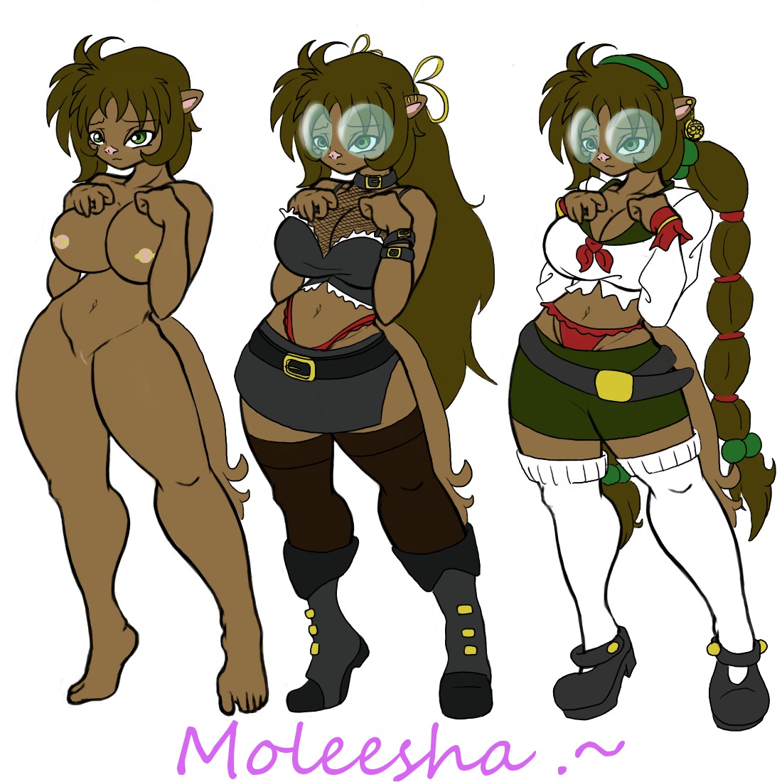 1:1 anthro bottomwear breasts brown_hair clothed clothing e621 eulipotyphlan eyewear female flat_colors fully_clothed genitals glasses green_eyes hair legwear mammal model_sheet mole_(animal) moleesha_(character) multiple_versions navel nipples nude off/on panties shorts simple_background skimpy solo stockings tail trancua underwear vulva white_background