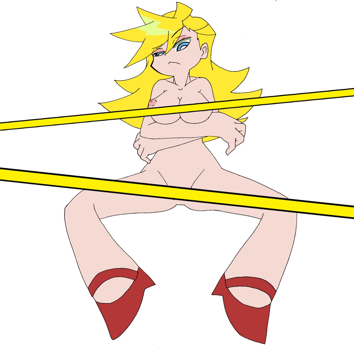 blonde_hair blue_eyes censored crossed_arms eyebrows_visible_through_hair female female_only nipples panty_&amp;_stocking_with_garterbelt panty_anarchy rule34 shoes simple_background white_background
