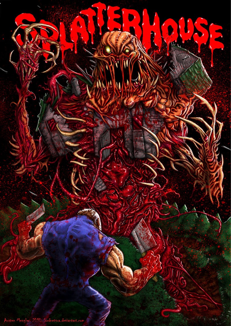2010 blood bodily_fluids building claws cleaver_(knife) cutlery death death_metal duo e621 forest goo-connected_lips gore grotesque_death guts horror_(theme) house human intestines kitchen_knife kitchen_utensils knife lordnetusa male mammal monster nightmare_fuel organs outside plant rick_taylor splatterhouse teeth terror_mask tools tree wood