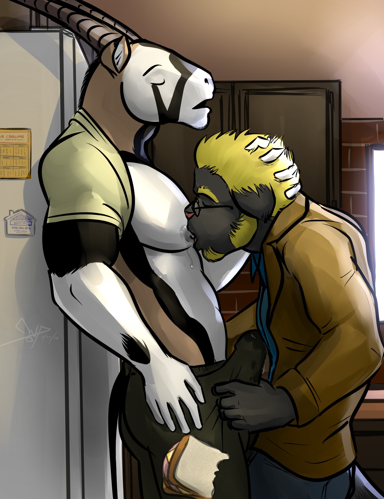 2014 antelope anthro anthro_on_anthro athletic athletic_anthro athletic_male bgn biceps black_body black_fur blonde_hair bodily_fluids bottomwear bovid bulge canid canine clothed clothed_sex clothing cum cum_in_clothing cum_in_pants cum_through_pants digital_media_(artwork) duo e621 erection erection_under_clothing eyes_closed eyewear facial_hair foreplay fur genital_fluids genitals glasses grazing_antelope hair hand_in_hair handjob hi_res jamie_the_oryx jerked_silly kitchen looking_pleasured male male/male mammal nipple_fetish nipple_play nipple_suck nipples onyx_wasson oryx pants pecs penile penis pink_nose precum raccoon_dog saliva sex shirt_behind_head smaller_version_at_source suck_and_jerk_position sucked_silly sucking suckling suit tanuki tenting touching_hair