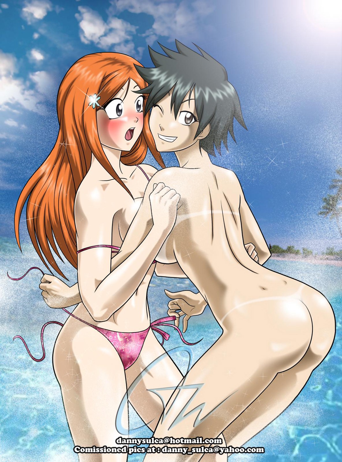 2girls arisawa_tatsuki ass beach bleach breasts dannysulca female inoue_orihime long_hair looking_at_viewer multiple_females multiple_girls nude orange_hair rule34 tatsuki_arisawa yuri