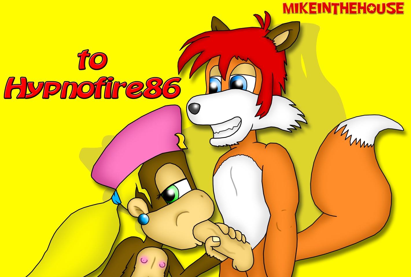 1boy 1girls anthro balls ballsack blonde_hair blowjob blue_eyes body_fur brown_fur canine color dixie_kong donkey_kong_(series) erection fellatio female fluffy_tail fox furry furry_only green_eyes haplorhine humanoid_penis interspecies long_hair male mikeinthehouse monkey nintendo nipples oral oral_sex orange_fur penis primate red_hair rule34 scrotum simple_background straight testicles toony veiny_penis yellow_background