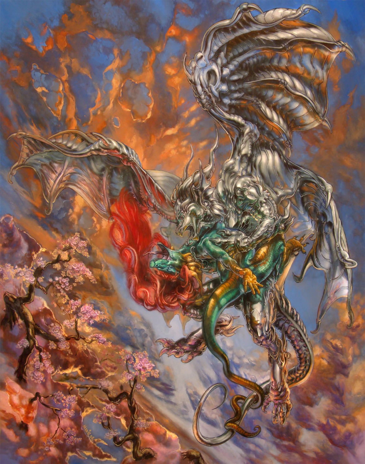 blue_eyes breasts cherry_blossom claws closed_eyes clouds couple dragon female flying green hair hi_res horns long_hair male marie_(dragon) mariecannabis midair_sex nipples nude open_mouth penetration platinum_(metal) red_hair rule34 scalie sex shiny silver sky straight tail tongue ultimus wings