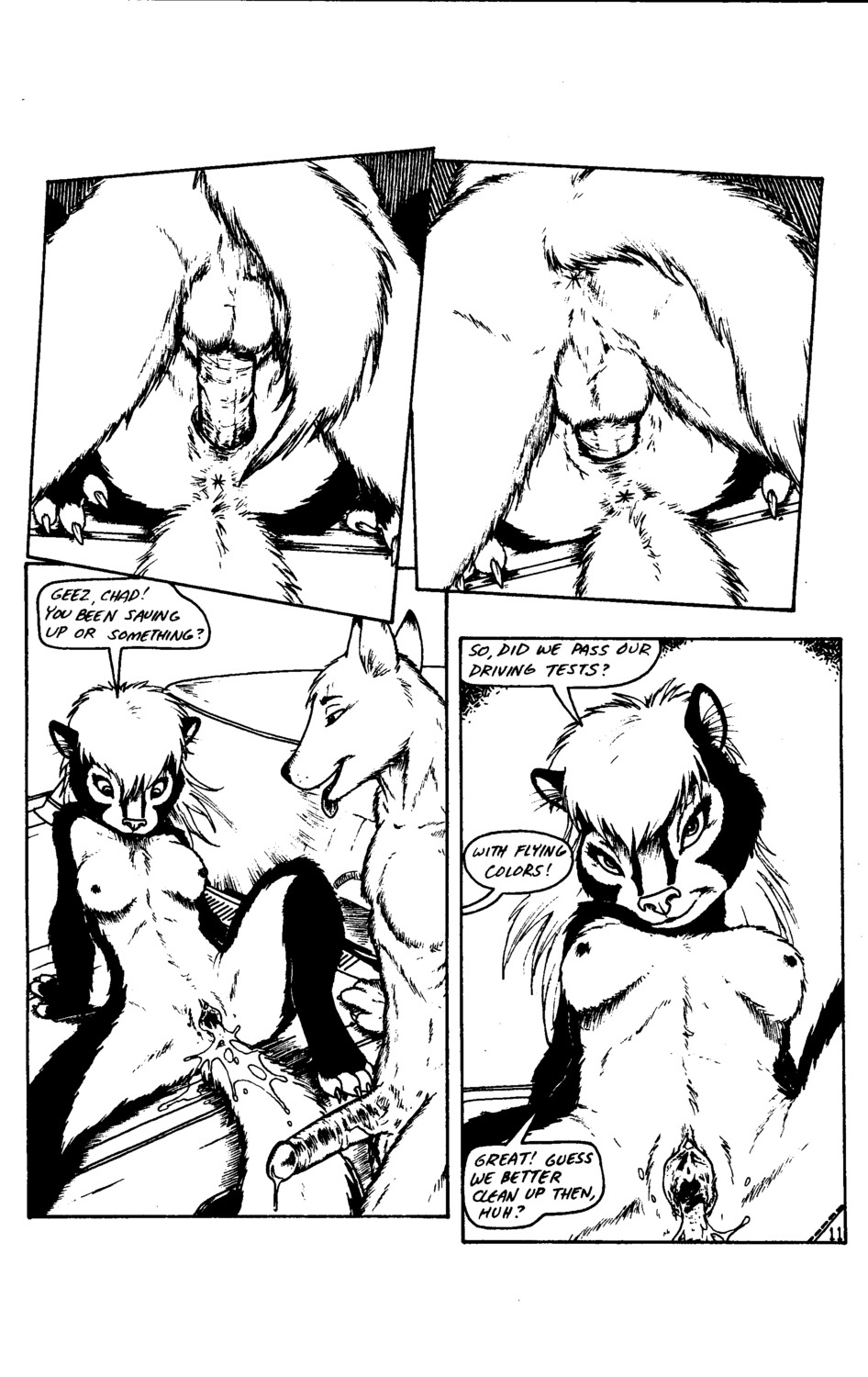 2000 4_toes absurd_res after_sex anthro anus backsack balls barefoot black_and_white bodily_fluids breasts chad_(jmh) claws comic cum cum_in_vagina cum_inside dialogue domestic_cat duo e621 english_text erection feet felid feline felis female female_penetrated from_front_position gaping gaping_vagina genital_fluids genitals hi_res humanoid_genitalia humanoid_penis interspecies james_m_hardiman lying male male/female male_penetrating male_penetrating_female mammal mating_press mephitid messy missionary_position monochrome natasha_(jmh) nipples nude on_back penetration penile penile_penetration penis penis_in_vagina sex skunk spread_toes student_driver tail text toes vaginal vaginal_penetration vulva