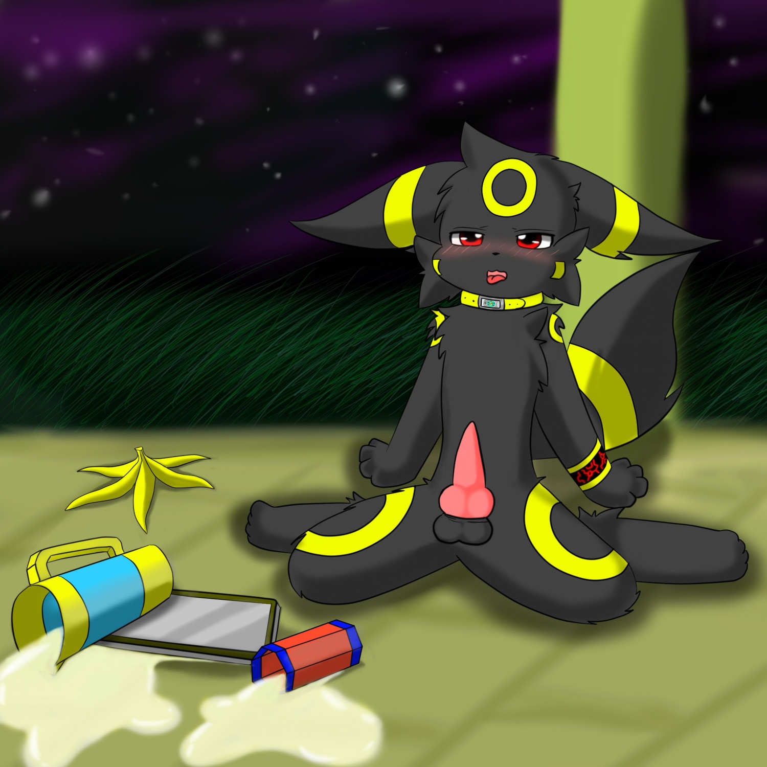 1:1 2014 balls banana container cup e621 eeveelution erection feral food fruit generation_2_pokemon genitals hi_res male milk nintendo nude penis plant pokemon pokemon_(species) red_eyes semi-anthro senz solo tongue umbreon