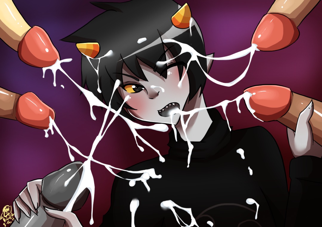 2011 6boys artist_request artist_signature black_hair brown_skin bukkake clothing cum cum_in_hair cum_in_mouth cum_on_body cum_on_clothes cum_on_face grey_skin handjob homestuck horns karkat_vantas male ms_paint_adventures one_eye_closed open_mouth penis pointy_ears purple_background rule34 sharp_teeth short_hair source_request troll white_skin yellow_eyes