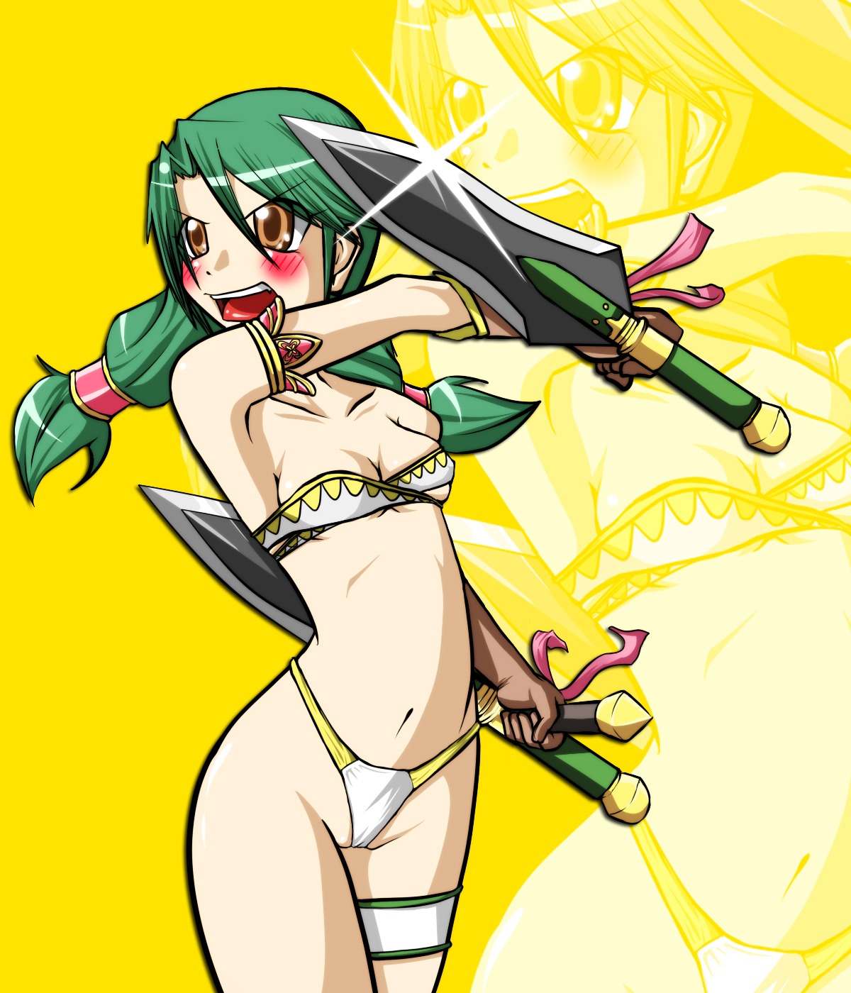 blush breasts cameltoe female female_only garter green_hair highres human panties pussy rule34 solo soul_calibur talim_(soulcalibur) tonfa underwear weapon