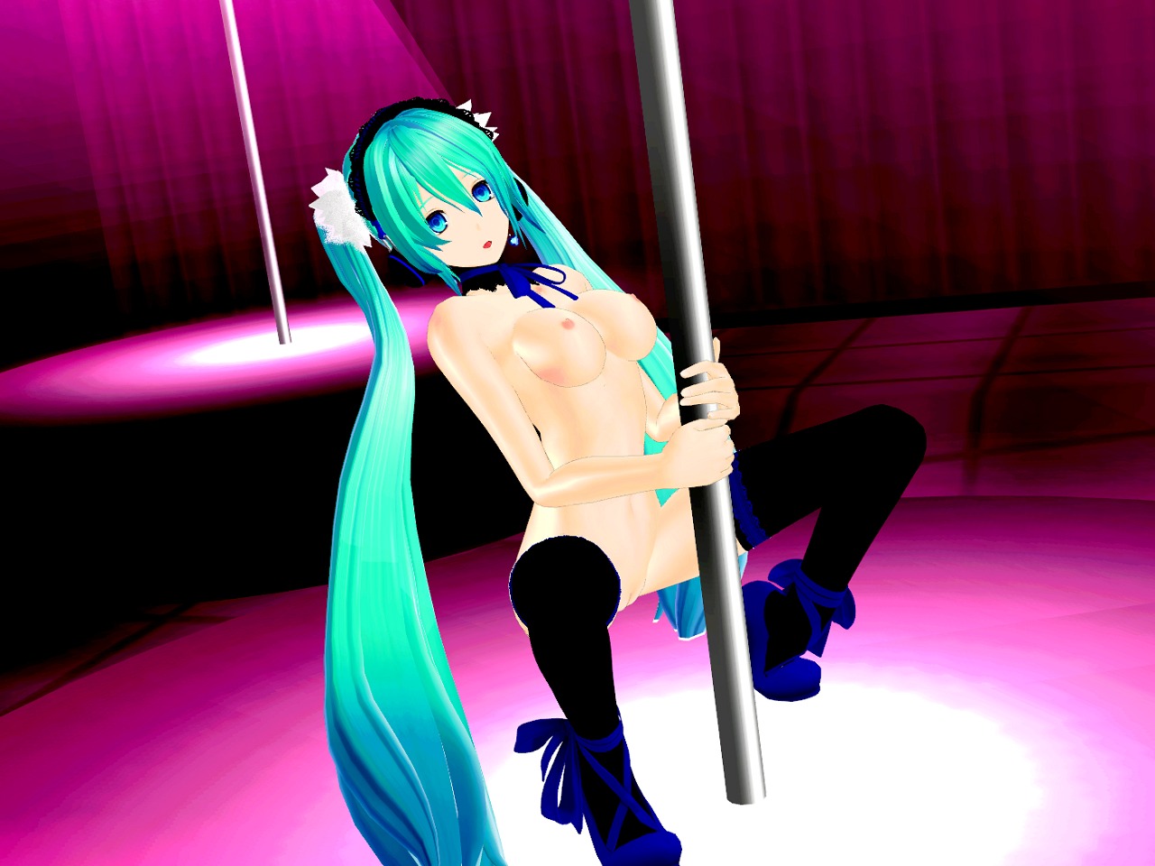 1girl 3d aqua_eyes aqua_hair breasts female hatsune_miku high_heels long_hair medium_breasts nipples nude pole pole_dancing rule34 shoes solo squatting stripper_pole tagme thighhighs twintails very_long_hair vocaloid