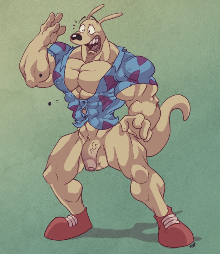 anthro arody balls big_muscles bottomless clothed clothing dodoki e621 flaccid foreskin genitals growth huge_muscles humanoid_genitalia humanoid_penis hyper hyper_muscles macropod male mammal marsupial muscle_growth muscular muscular_anthro muscular_male nickelodeon open_mouth penis rocko's_modern_life rocko_rama solo surprised vein wallaby