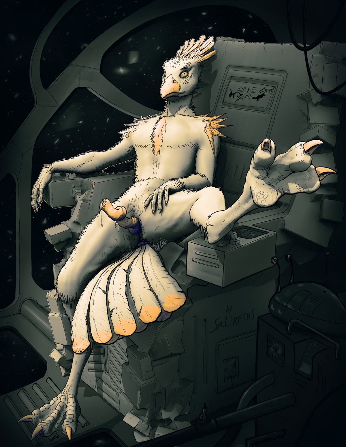 absurd_res anatid animal_genitalia animal_penis anseriform anserine anthro anus avian avian_(starbound) beak biped bird bodily_fluids captain chucklefish e621 erection feathers genital_fluids genitals goose hi_res looking_at_viewer male penis precum salireths sitting solo spacecraft spread_legs spreading starbound unusual_anatomy unusual_genitalia unusual_penis vehicle yellow_eyes