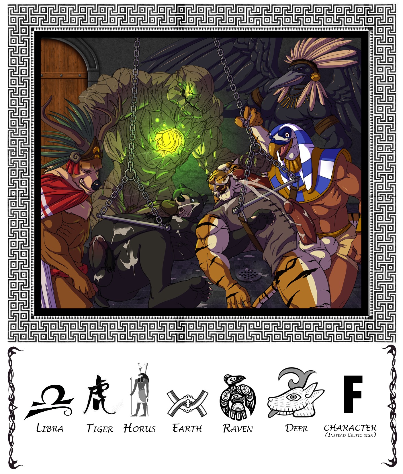 accessory anal animal_genitalia anthro armband arthropod astrological_symbol avian aztec balls beak bear bird bodily_fluids bottomless chinese chinese_zodiac cjk_character cloak clothed clothing colored corvid corvus_(genus) cum cum_on_penis deer deity detailed_background e621 egyptian egyptian_clothing egyptian_mythology ejaculation elemental_creature elemental_humanoid english_text erection eyes_closed feathered_headdress feathered_wings feathers felid floor genital_fluids genitals gold_armband greek group group_sex hi_res holding_penis horus humanoid humanoid_genitalia humanoid_penis inside interspecies jewelry leather leather_armband libra_(symbol) lying male male/male male_penetrated male_penetrating male_penetrating_male mammal mayan middle_eastern_mythology mineral_fauna mineral_humanoid mythology native_american necklace nexus nude on_back oral orgy oscine overweight pantherine partially_clothed passerine penetration penis raven rock rock_creature rock_humanoid sex sheath shower_drain submissive submissive_male suspension symbol text tiger tile tile_floor topless topwear usekh vest western_zodiac western_zodiac_symbol wings year_of_the_tiger