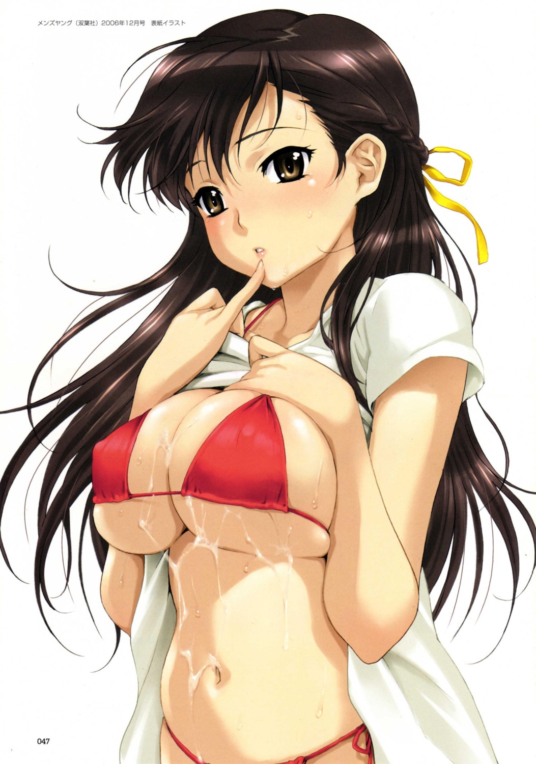 1girls bikini black_hair blush breast_squeeze breast_suppress breasts brown_eyes brown_hair bukkake color copyright_request cum cum_on_body cum_on_breasts cum_on_upper_body female female_only finger_to_mouth happoubi_jin highres long_hair navel open_clothes open_shirt red_bikini rule34 shirt shirt_lift side-tie_bikini skindentation solo string_bikini sweat swimsuit underboob