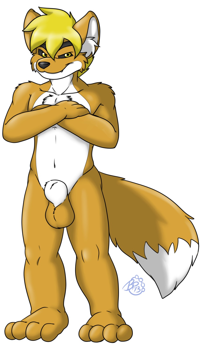 2013 absurd_res animal_genitalia anthro balls biped black_sclera blonde_hair bluepawpanda canid canine crossed_arms dark_fox e621 fox fully_sheathed genitals grin hair hi_res male mammal nude sheath simple_background smile solo white_background yellow_eyes