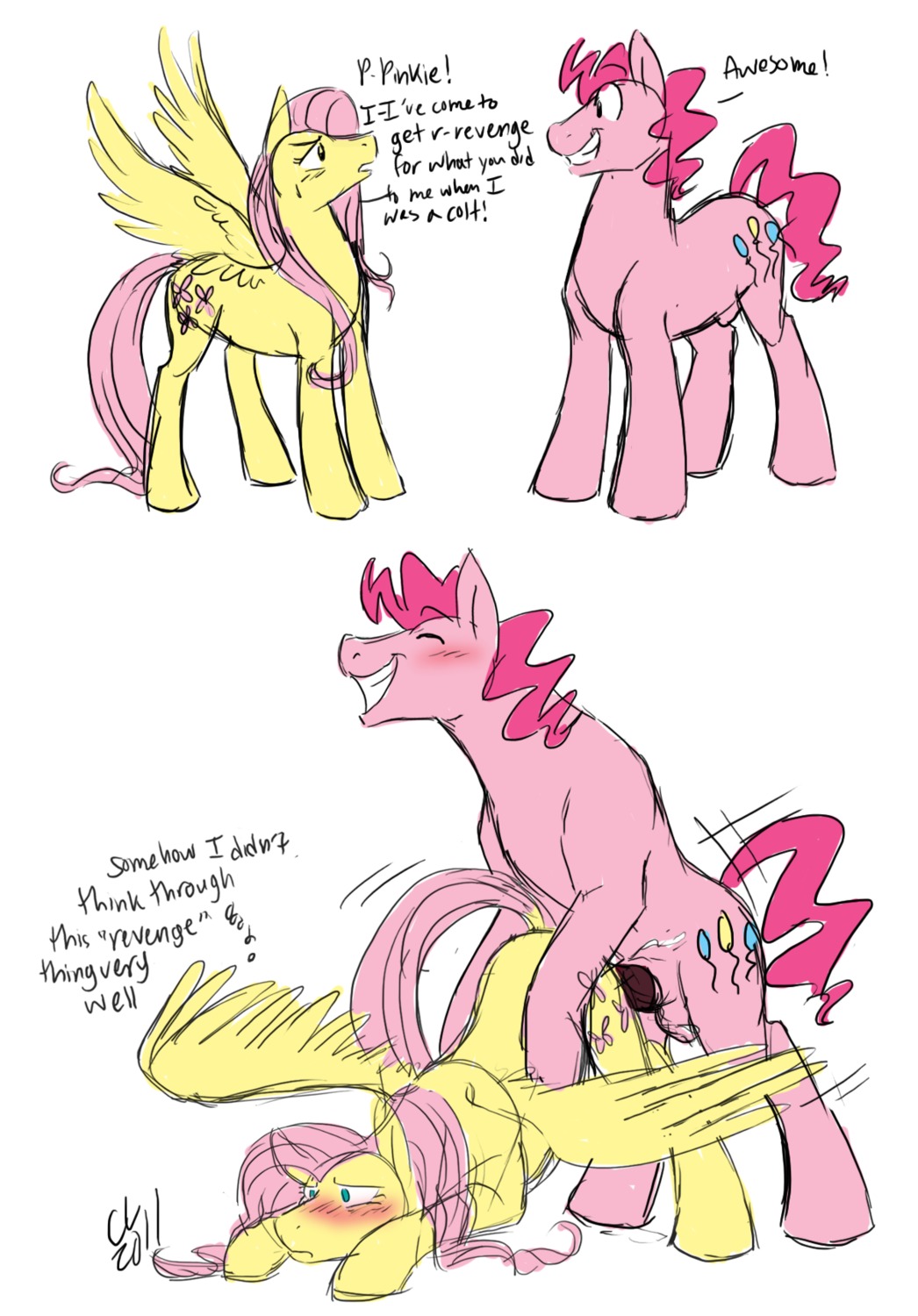2011 all_fours animal_genitalia ass_up balls blue_eyes blush cartoonlion crossgender cutie_mark doggystyle duo e621 earth_pony english_text equid equine erection feathered_wings feathers female feral feral_on_feral fluttershy_(mlp) friendship_is_magic from_behind_position fur genitals hair hasbro hi_res horse intraspecies male male/female mammal my_little_pony mythological_creature mythological_equine mythology nude pegasus penis pink_body pink_fur pink_hair pinkie_pie_(mlp) pony quadruped sex sheath signature simple_background smile tail text white_background wings yellow_body yellow_feathers