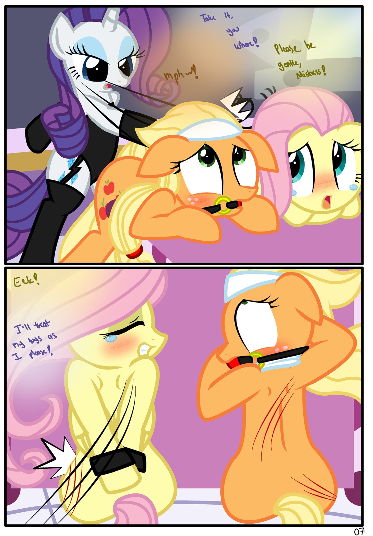 absurd_res applejack_(mlp) ball_gag blood bodily_fluids butt_slap comic dominant dominant_female e621 earth_pony equid equine feathered_wings feathers female female/female feral fluttershy_(mlp) friendship_is_magic gag gagged hasbro hi_res horn horse mammal my_little_pony mythological_creature mythological_equine mythology pegasus pony pyruvate rarity_(mlp) slap spanking submissive submissive_female tail unicorn whip wings yellow_body yellow_feathers