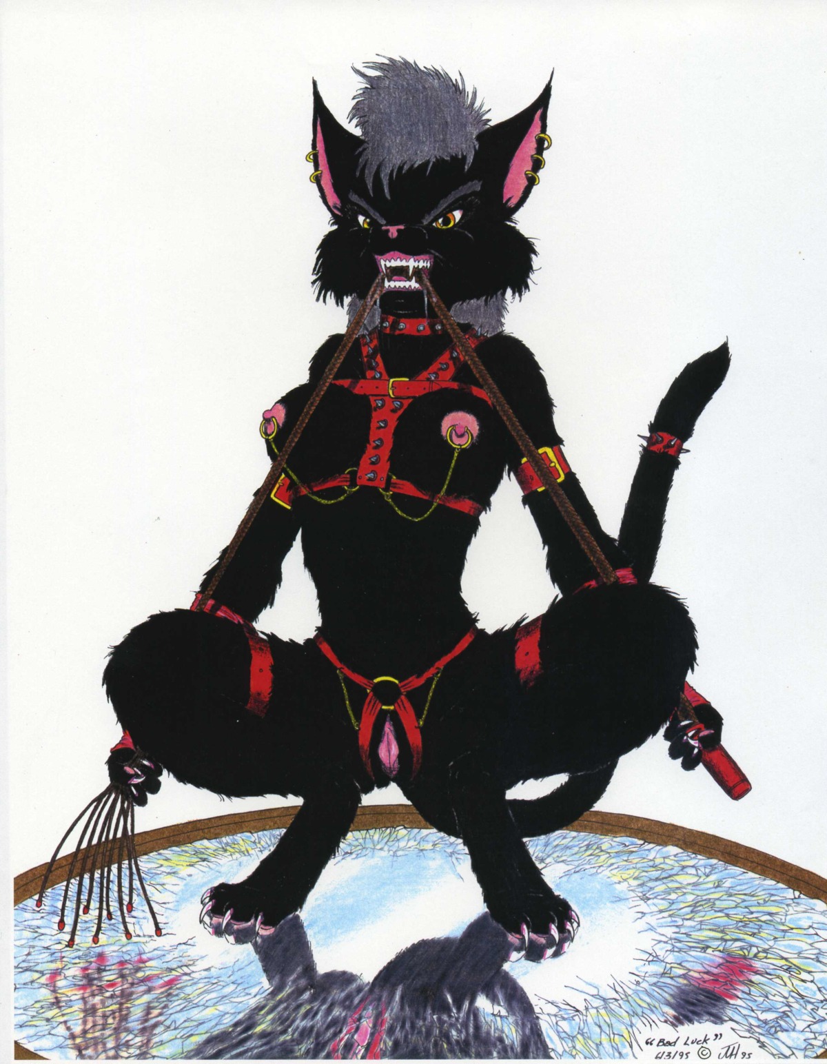4_toes absurd_res anthro bdsm biped black_body black_fur breasts claws crouching domestic_cat e621 ear_piercing english_text fangs feet felid feline felis female fur genitals hi_res james_m_hardiman jewelry looking_at_viewer mammal mirror nipple_piercing nipples nude pawpads piercing pink_pawpads solo spikes tail teeth text toes vulva whip