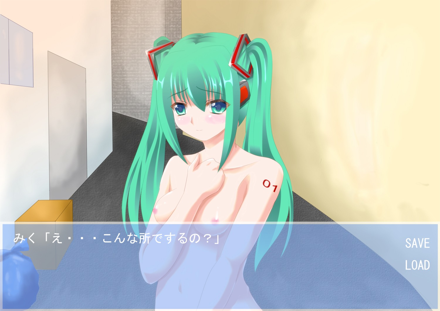 1girl blush breasts fake_screenshot female green_eyes green_hair hatsune_miku long_hair nipples nude rule34 solo tagme twintails vocaloid