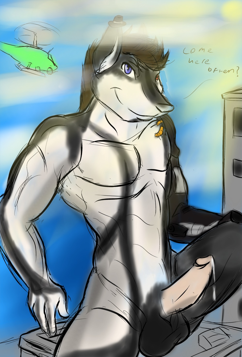 abs aircraft animal_genitalia anthro balls biceps biped blue_eyes bodily_fluids brown_hair canid canine canis clothing cum digital_media_(artwork) e621 erection fur genital_fluids genitals grey_body grey_fur grin hair hat headgear headwear helicopter heterochromia hi_res humanoid_genitalia humanoid_penis leaking macro makarimorph male mammal muscular muscular_anthro muscular_male nude pecs penis pose precum presenting red_eyes sheath sitting sketch smile solo standing top_hat vehicle wolf