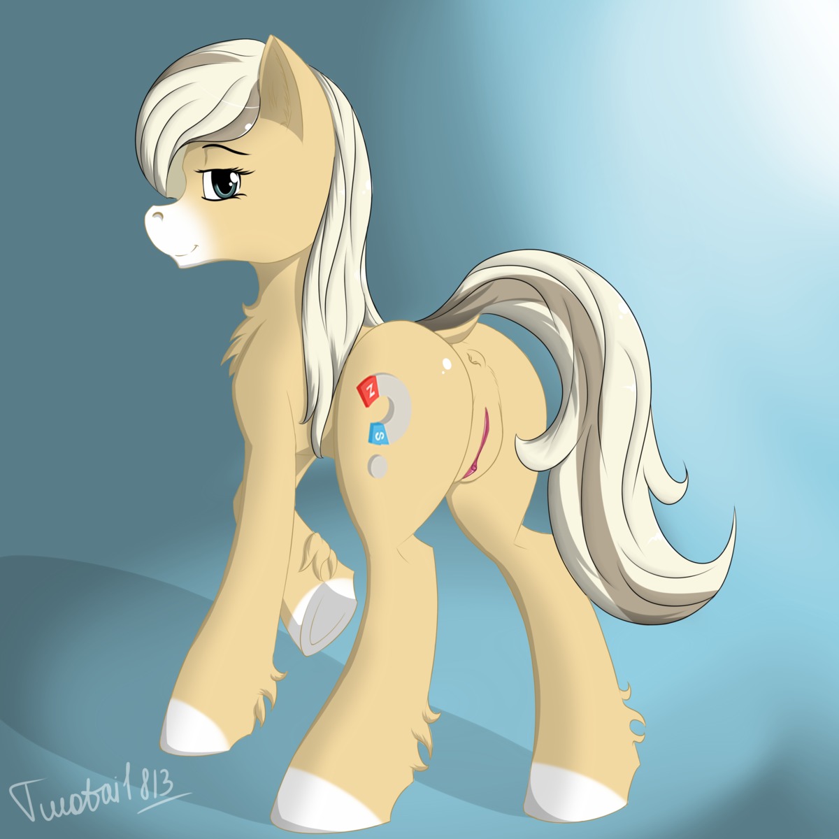 1:1 2013 absurd_res anus bedroom_eyes butt clitoris cutie_mark dock_(anatomy) e621 earth_pony equid equine fan_character female feral fur genitals hair half-closed_eyes hasbro hi_res horse looking_at_viewer looking_back magnet mammal my_little_pony narrowed_eyes pony seductive solo tail tan_body tan_fur twotail813 vulva white_hair