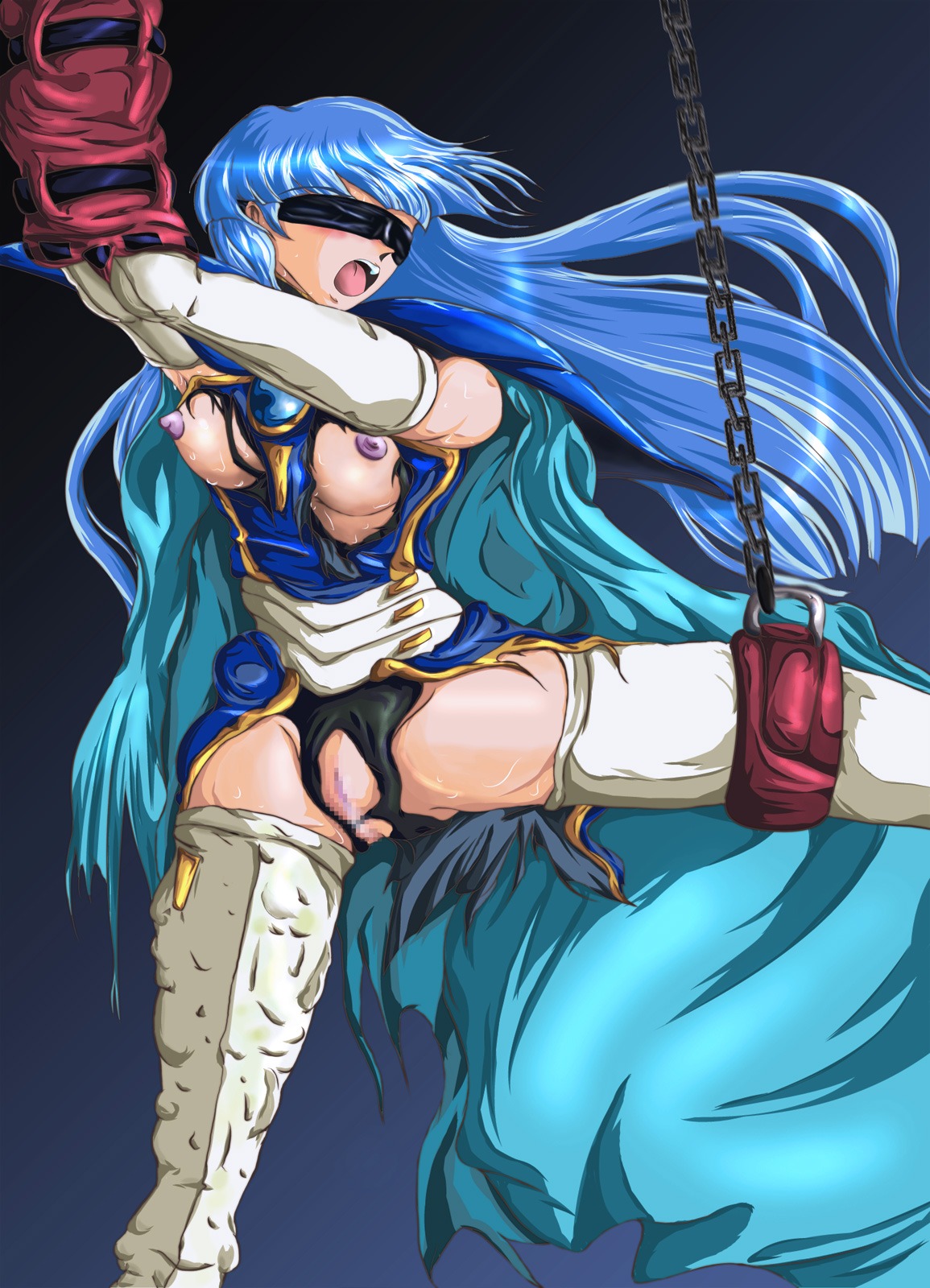 1girls 2010 balklash. blindfold blue_hair bondage breasts censored chains clothing curvaceous female highres human large_breasts light-skinned_female light_skin long_hair magic_knight_rayearth nipples pale-skinned_female pale_skin panties pussy restrained rule34 stockings umi_ryuuzaki