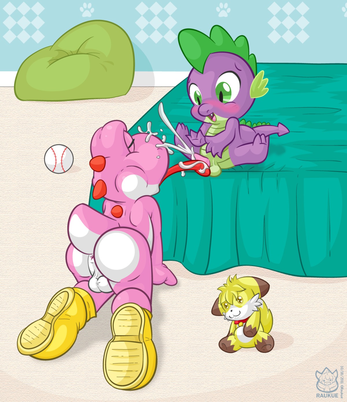 anthro anus backsack ball balls blush bodily_fluids butt clothing collar crossover cum cumshot dinosaur dragon duo e621 ejaculation erection footwear friendship_is_magic genital_fluids genitals hasbro hi_res interspecies licking long_tongue male male/male mario_bros my_little_pony mythological_creature mythological_scalie mythology nintendo oral orgasm penetration penile penis penis_lick pink_yoshi plushie prehistoric_species raukue reptile scalie sex shoes spike_(mlp) tail tapering_penis tongue tongue_out tonguejob yoshi young young_anthro young_on_young
