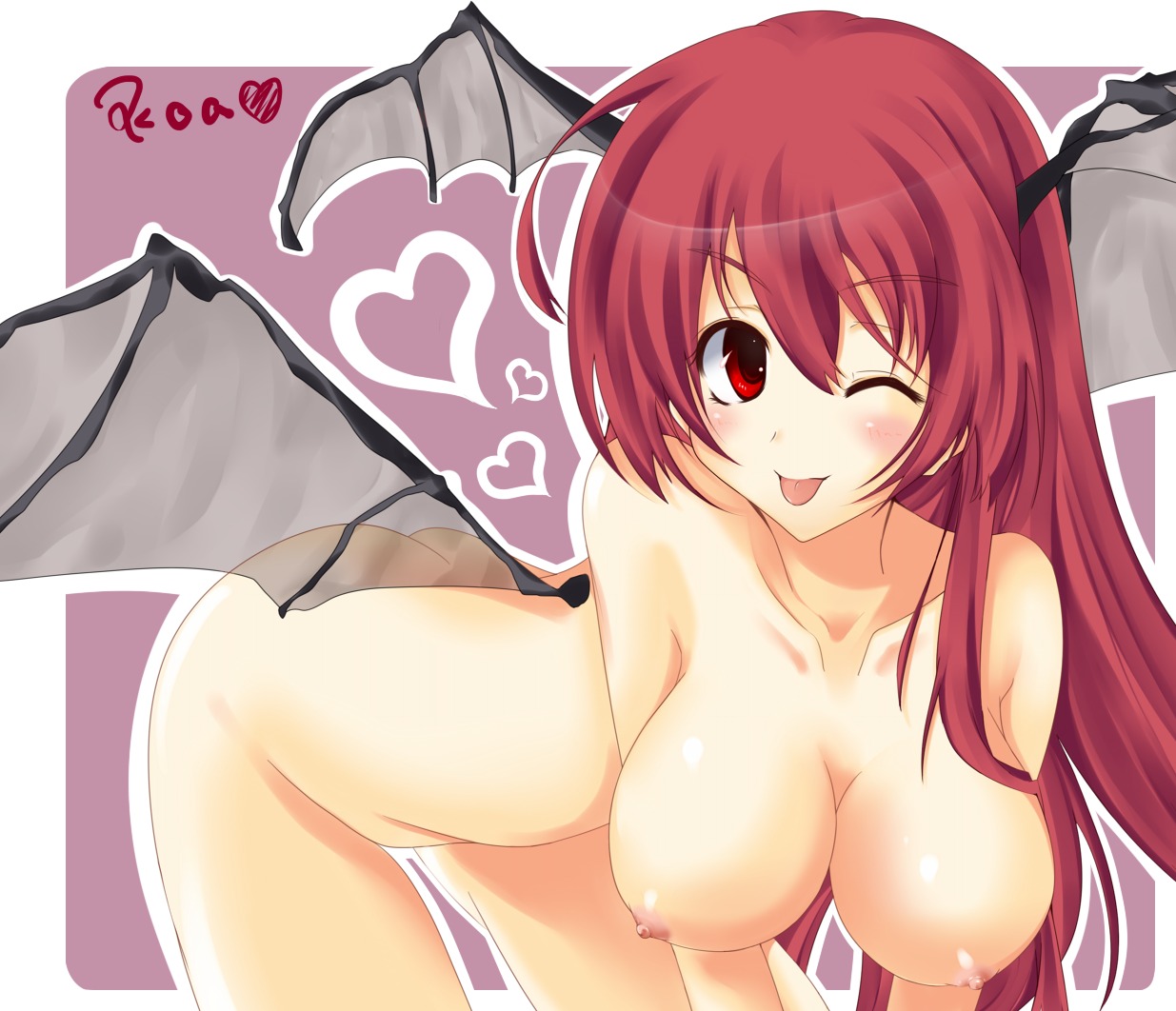 bat_wings breasts demon female head_wings huge_breasts koakuma long_hair nipples nude red_eyes red_hair rule34 succubus the_embodiment_of_scarlet_devil touhou wings wink