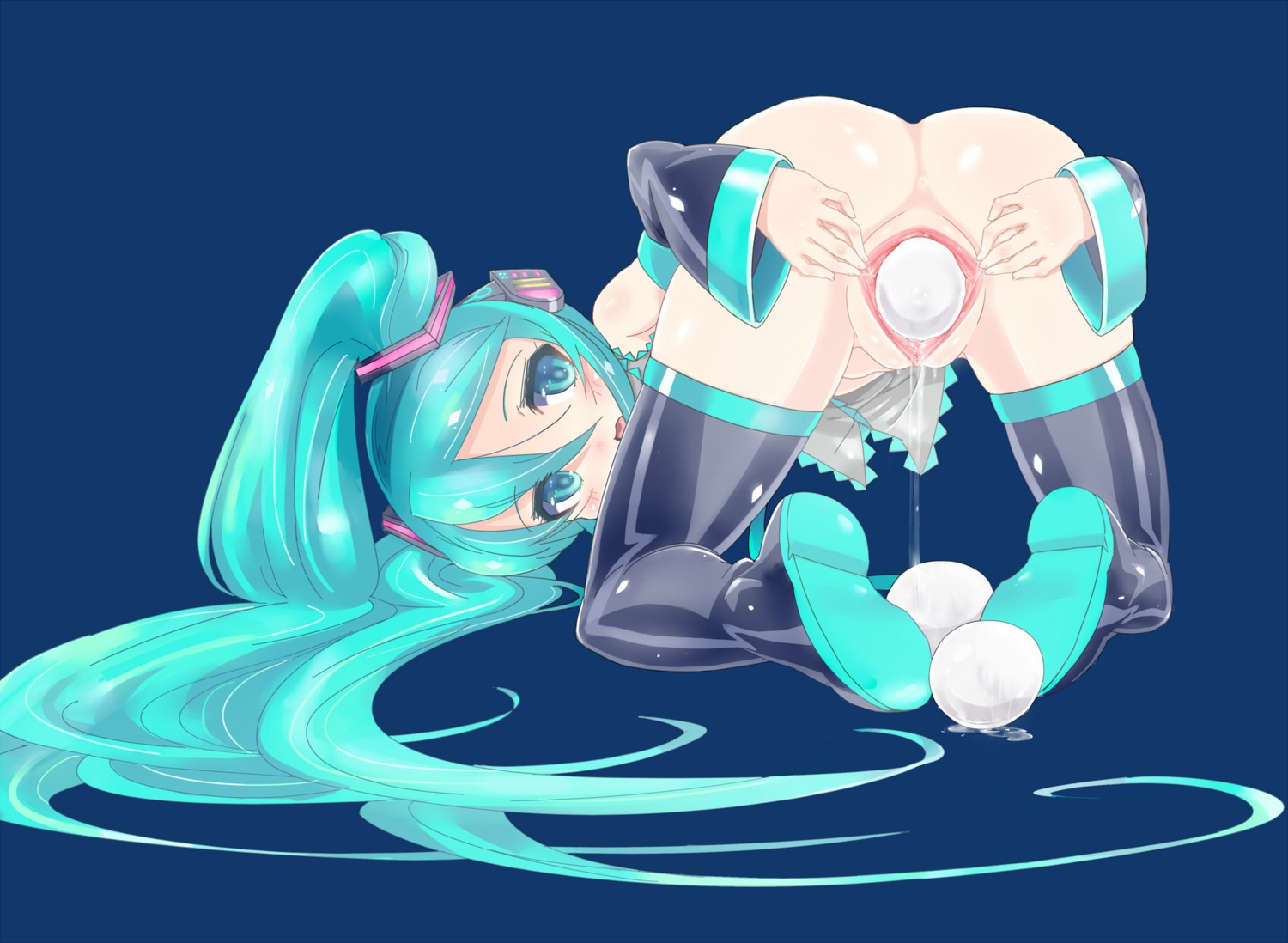 1girl all_fours anus aqua_eyes aqua_hair ass blush boots bottomless detached_sleeves egg egg_laying female hatsune_miku headset high_resolution long_hair looking_at_viewer looking_back nitorino open_mouth pussy pussy_juice rule34 simple_background solo spread_pussy thigh_boots thighhighs tied_hair top-down_bottom-up twintails uncensored very_long_hair vocaloid