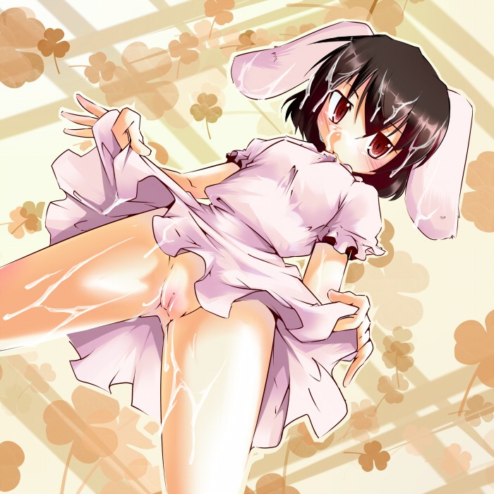 1girls 2d animal_ear black_hair blush brown_eyes bukkake bunny_ear cum cum_on_body cum_on_hair cum_on_lower_body cum_on_upper_body dress dutch_angle facial female female_only from_below pussy rule34 sesield short_hair solo tewi_inaba touhou uncensored upskirt