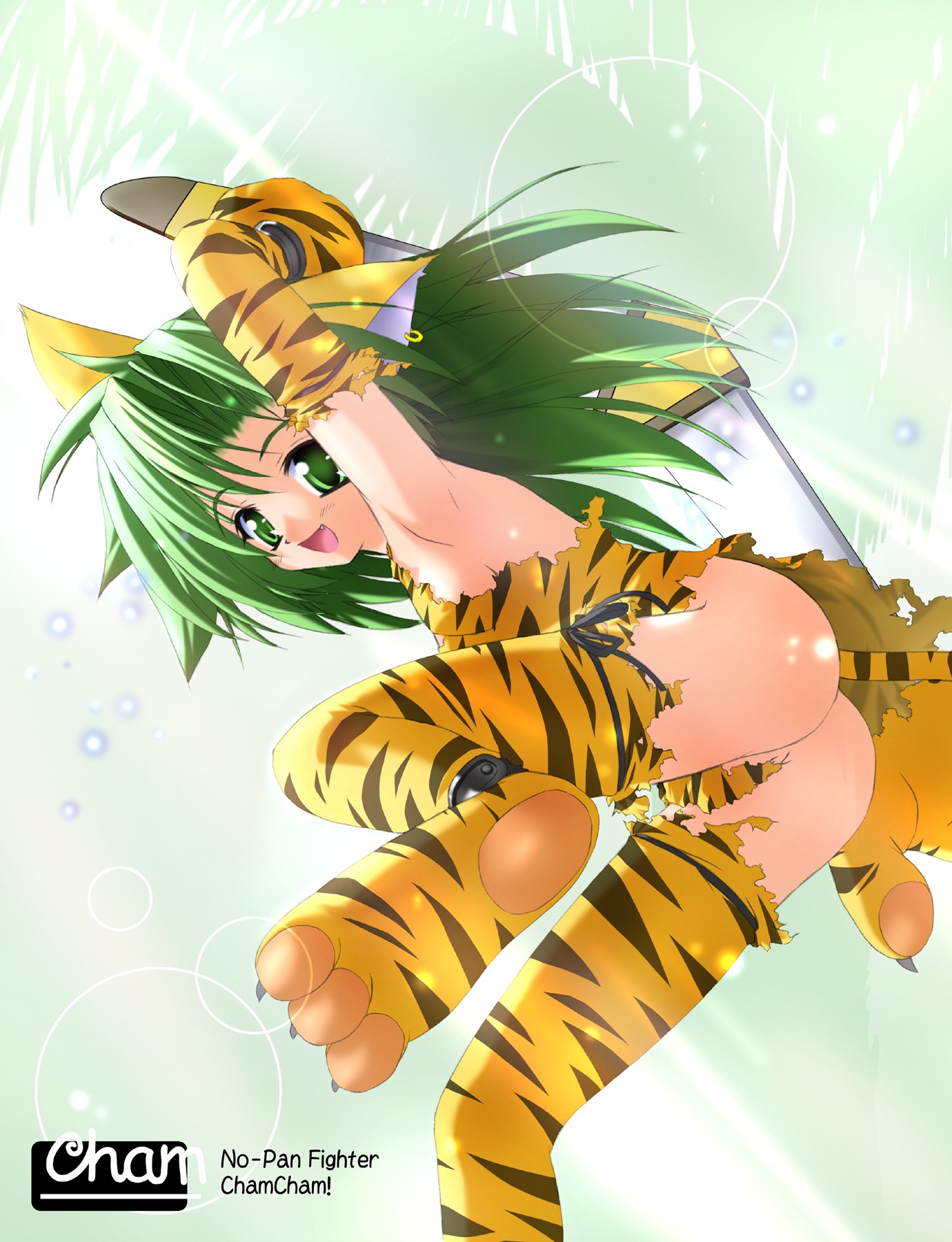 animal_humanoid boomerang butt cat_humanoid cham_cham e621 ear_piercing fangs felid felid_humanoid feline feline_humanoid female green_eyes green_hair hair hi_res humanoid kazami_haruki mammal mammal_humanoid piercing samurai_shodown samurai_spirits solo tail teeth