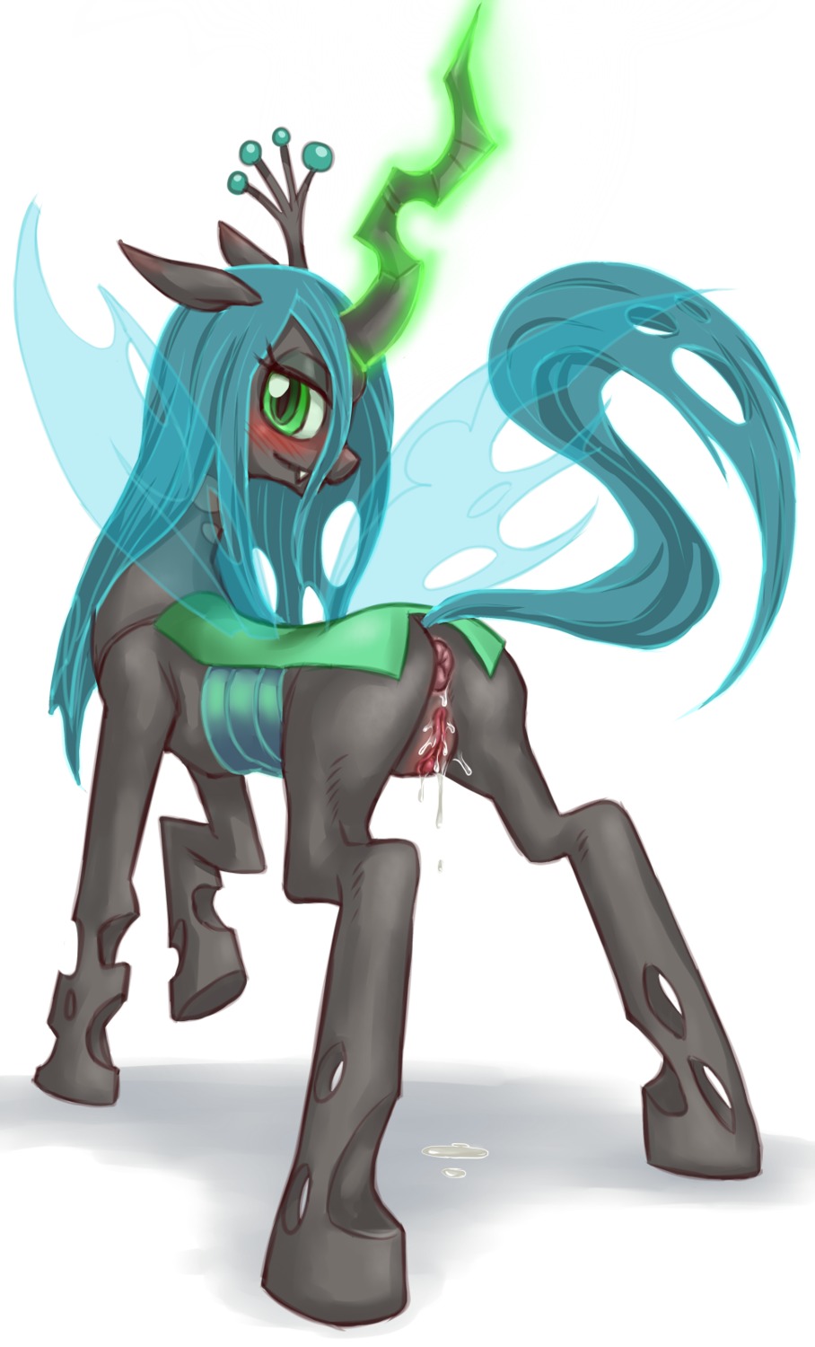 arthropod blush bodily_fluids butt censor_removal_edit changeling_(mlp) cum e621 female feral friendship_is_magic genital_fluids genitals green_eyes hair happy hasbro hi_res hoihoi hole_(anatomy) horn insect_wings looking_at_viewer looking_back my_little_pony naughty_face pose presenting presenting_hindquarters presenting_vulva quadruped queen_chrysalis_(mlp) smile solo tail third-party_edit vulva wings