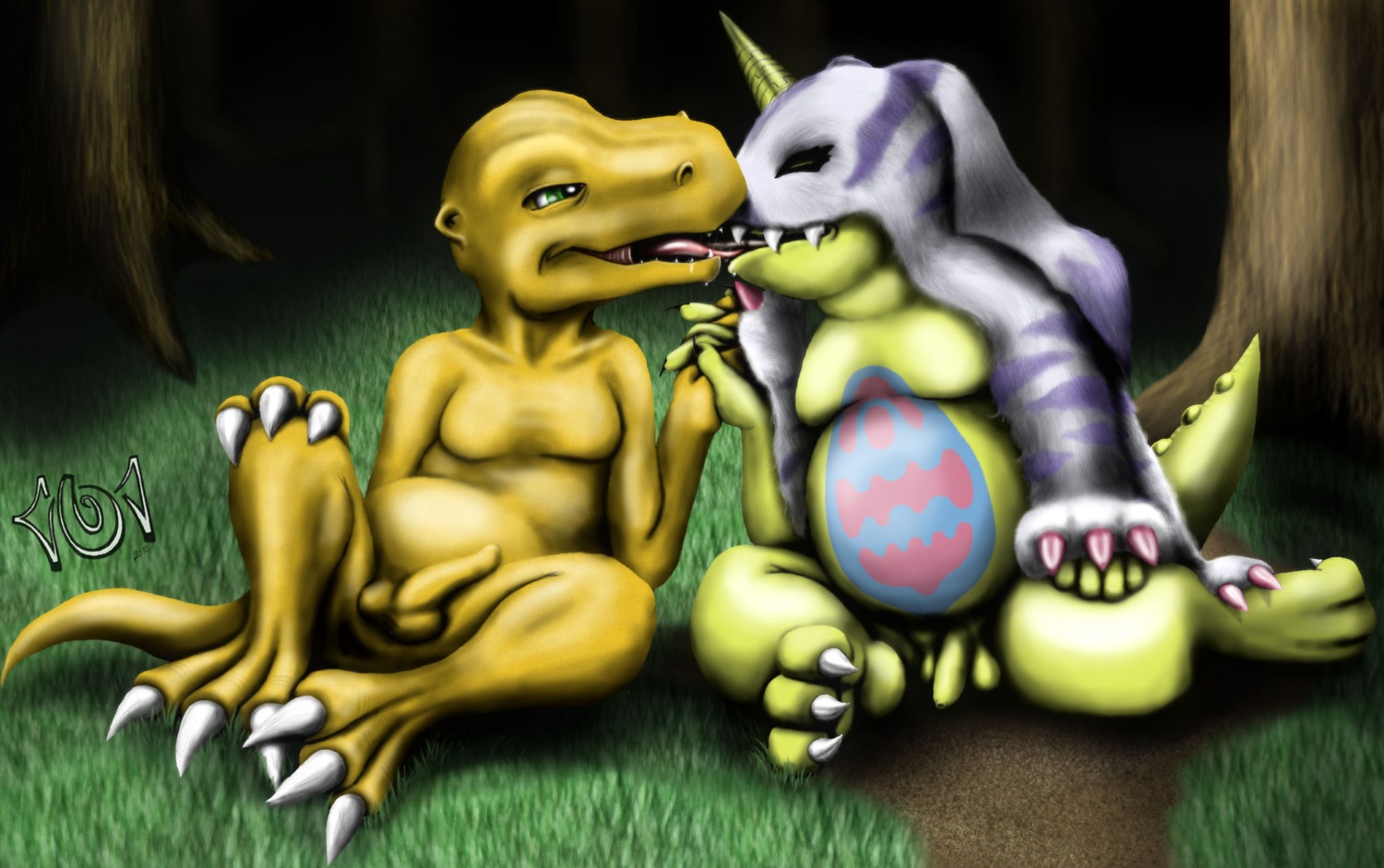 101 agumon anthro balls claws color digimon digimon_(species) dinosaur french_kissing fur furry gabumon interspecies kissing male male_only multiple_males penis reptile rule34 scalie yaoi