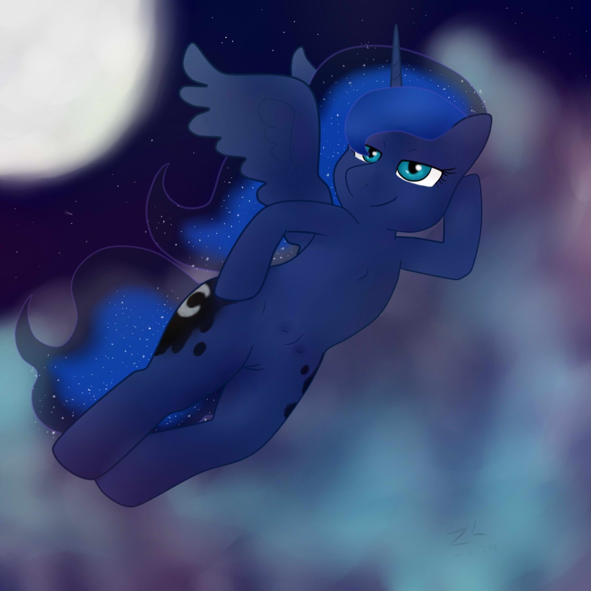1:1 2013 blue_body blue_eyes blue_feathers blue_hair cutie_mark digital_media_(artwork) e621 equid equine feathered_wings feathers female feral friendship_is_magic genitals hair hasbro hi_res horn long_hair mammal moon multicolored_hair my_little_pony mythological_creature mythological_equine mythology night nipples outside princess_luna_(mlp) royalty smile solo star tail teats vulva winged_unicorn wings zeklullaby