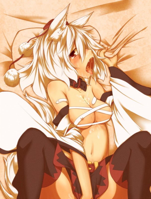 ahegao animal_humanoid armwear asian_mythology bed_sheet bedding belt black_clothing black_legwear bodily_fluids bottomwear breasts canid canid_humanoid canine canine_humanoid canis chest_wraps clothing collar cum cum_on_body cum_on_breasts cum_on_upper_body detached_sleeves e621 east_asian_mythology fangs female genital_fluids grabbing_sheets grey_hair hair hat headgear headwear humanoid japanese_mythology kuromiya legwear looking_pleasured lying mammal mammal_humanoid momiji_inubashiri mythology navel on_back open_mouth orgasm pillow red_eyes saliva saliva_string short_hair skirt solo teeth tengu thigh_highs tokin_hat tongue touhou white_hair wolf wolf_humanoid wolf_tail wraps yokai