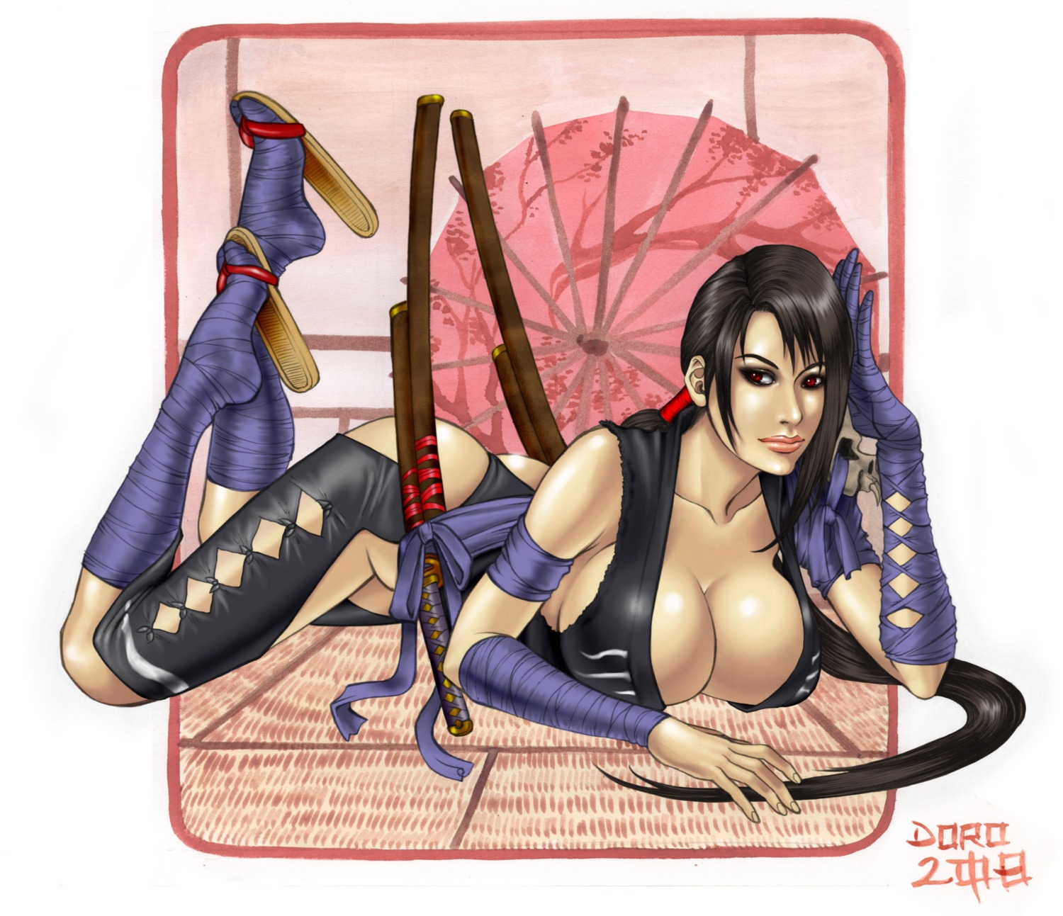 bandages black_hair breasts cleavage female large_breasts long_hair on_stomach ponytail red_eyes rule34 sandals shura_(soulcalibur) soul_calibur soul_calibur_iv stregatto10 tied_hair zouri