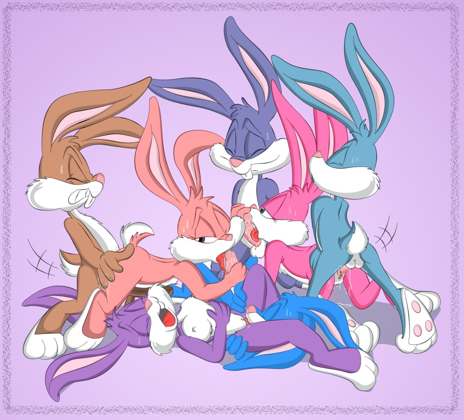 anthro babs_bunny breasts buster_bunny chair dam_(artist) e621 erection feet female furniture genitals group group_sex hi_res lagomorph leporid licking male male/female mammal nipples oral orgy penile penis penis_lick rabbit sex tiny_toon_adventures toeless_(marking) tongue tongue_out vaginal vulva warner_brothers